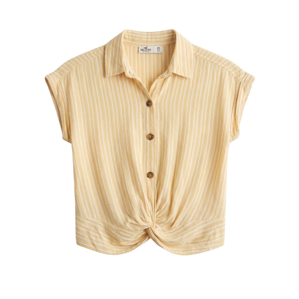 54. Hollister Button Down Shirt Womens XS Yellow Striped Knot Front Cropped Top